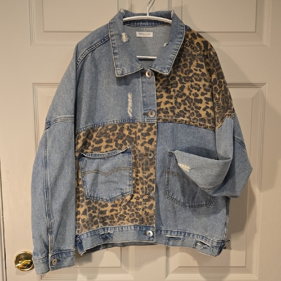 Chic Soul Jackets & Blazers - Chic Soul Leopard Patchwork Denim Jacket - Blue & Tan